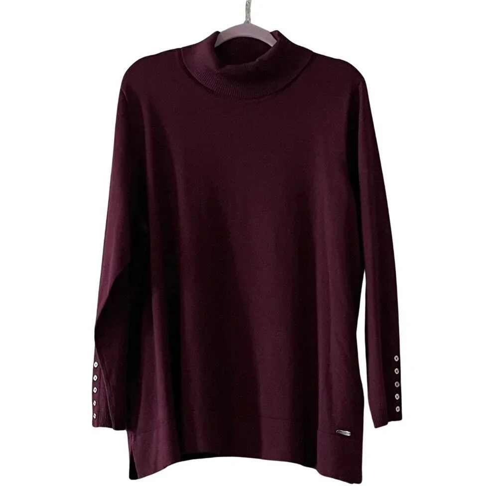 NWT Calvin Klein Solid Turtle Neck Long Sleeve Sweater w/ Button Detail Sleeve